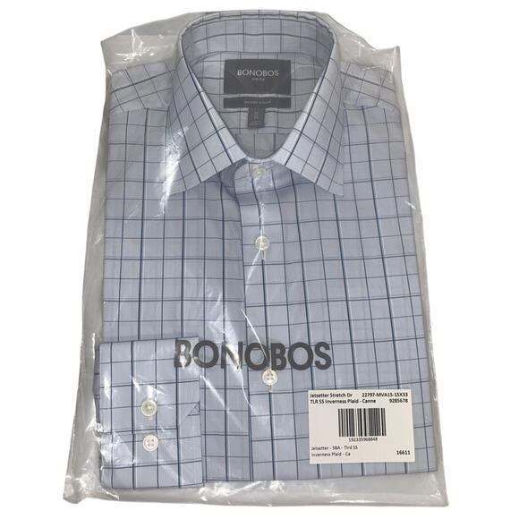 NWT Bonobos Tailored Slim Fit Long Slv Shirt 15 x 33 Jet setter Stretch Dr Plaid - Picture 1 of 5